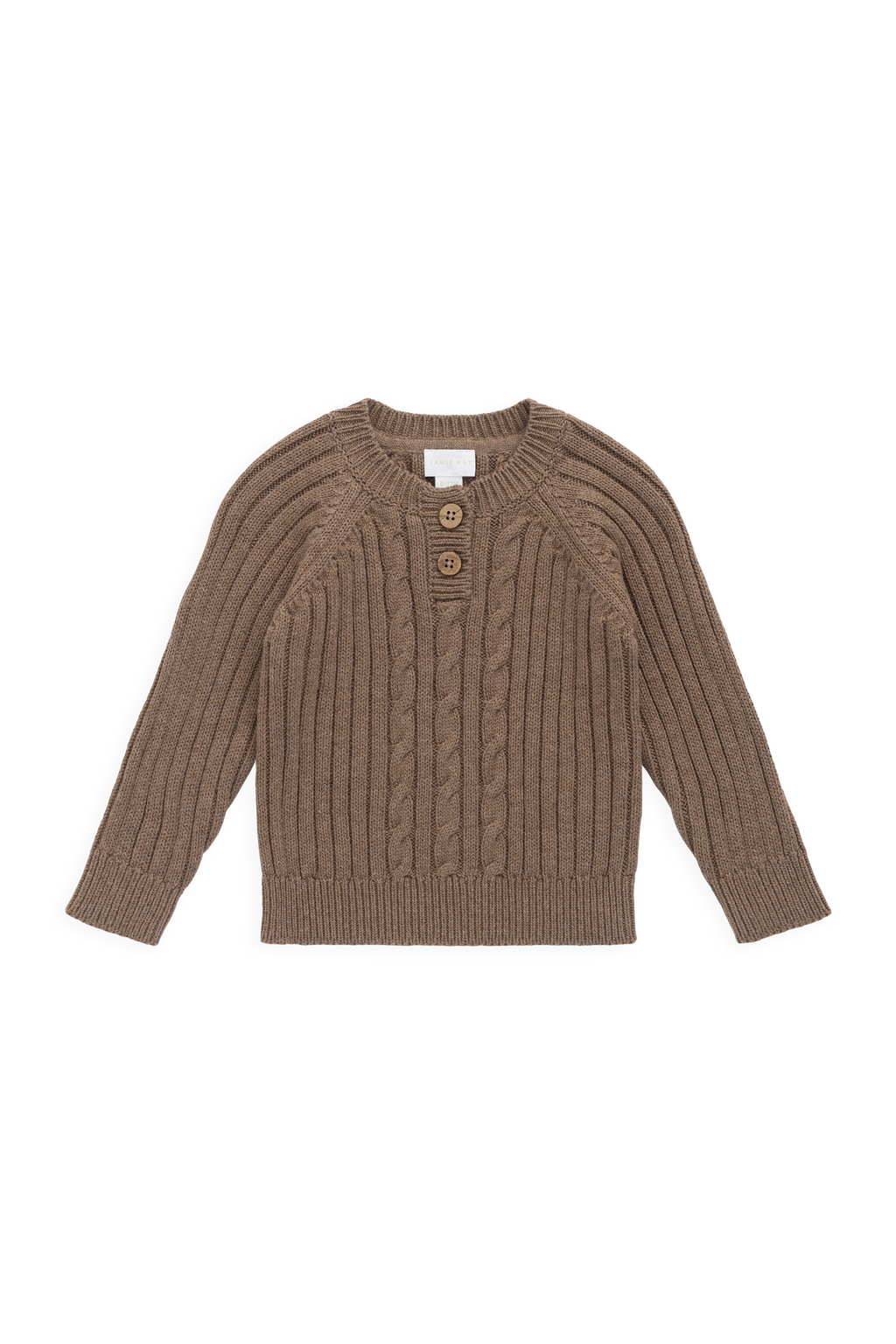 Pull classique en coton tricoté torsadé marron avec encolure boutonnée en bois pour enfants