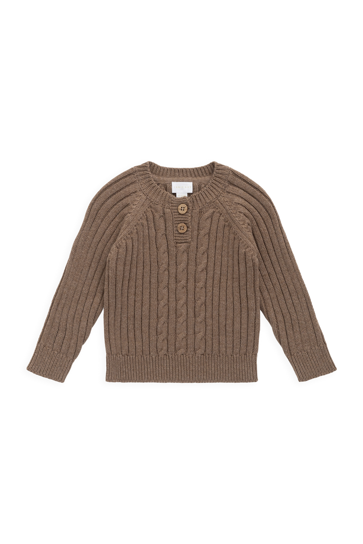Pull classique en coton tricoté torsadé marron avec encolure boutonnée en bois pour enfants