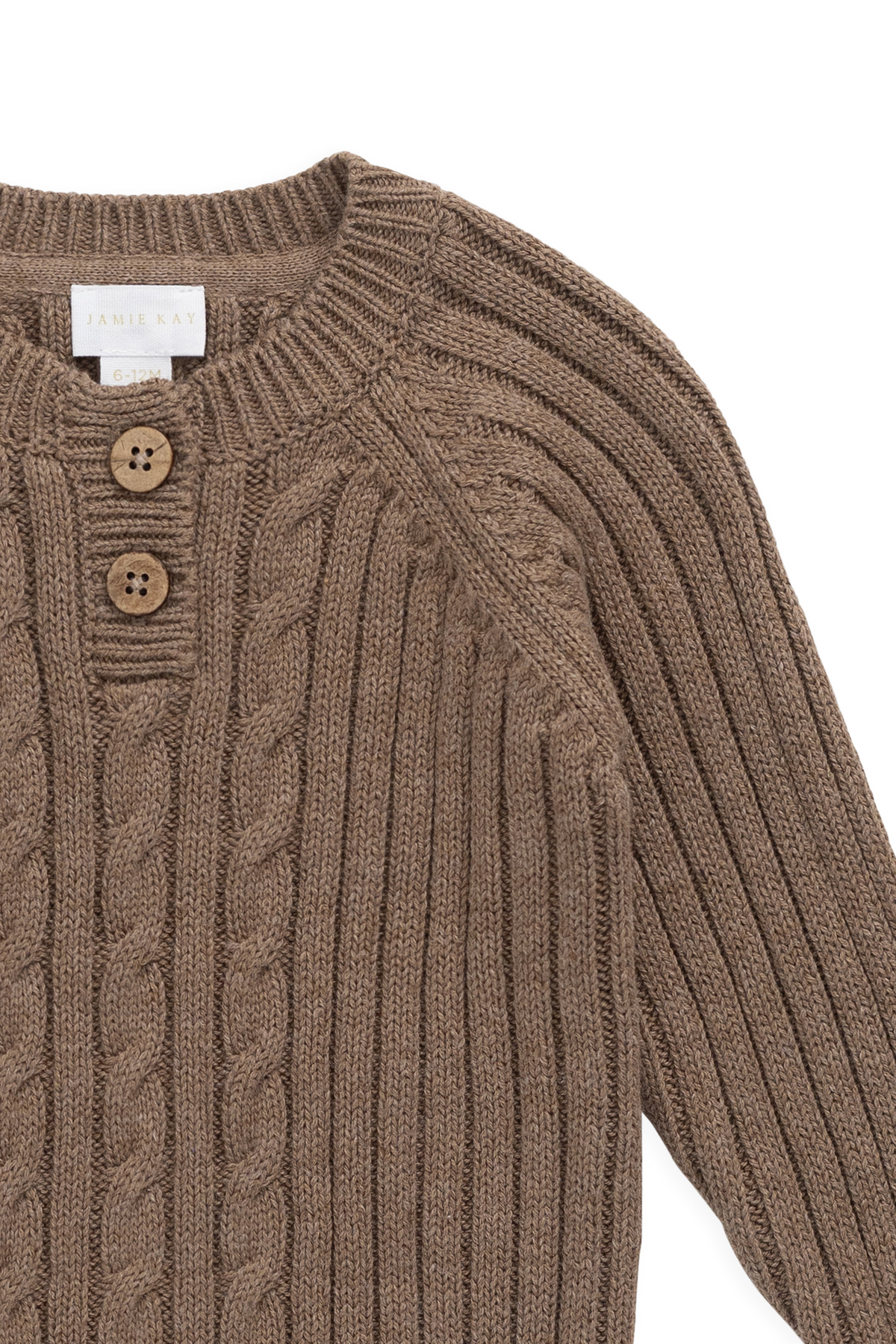 Pull classique en coton tricoté torsadé marron avec encolure boutonnée en bois pour enfants