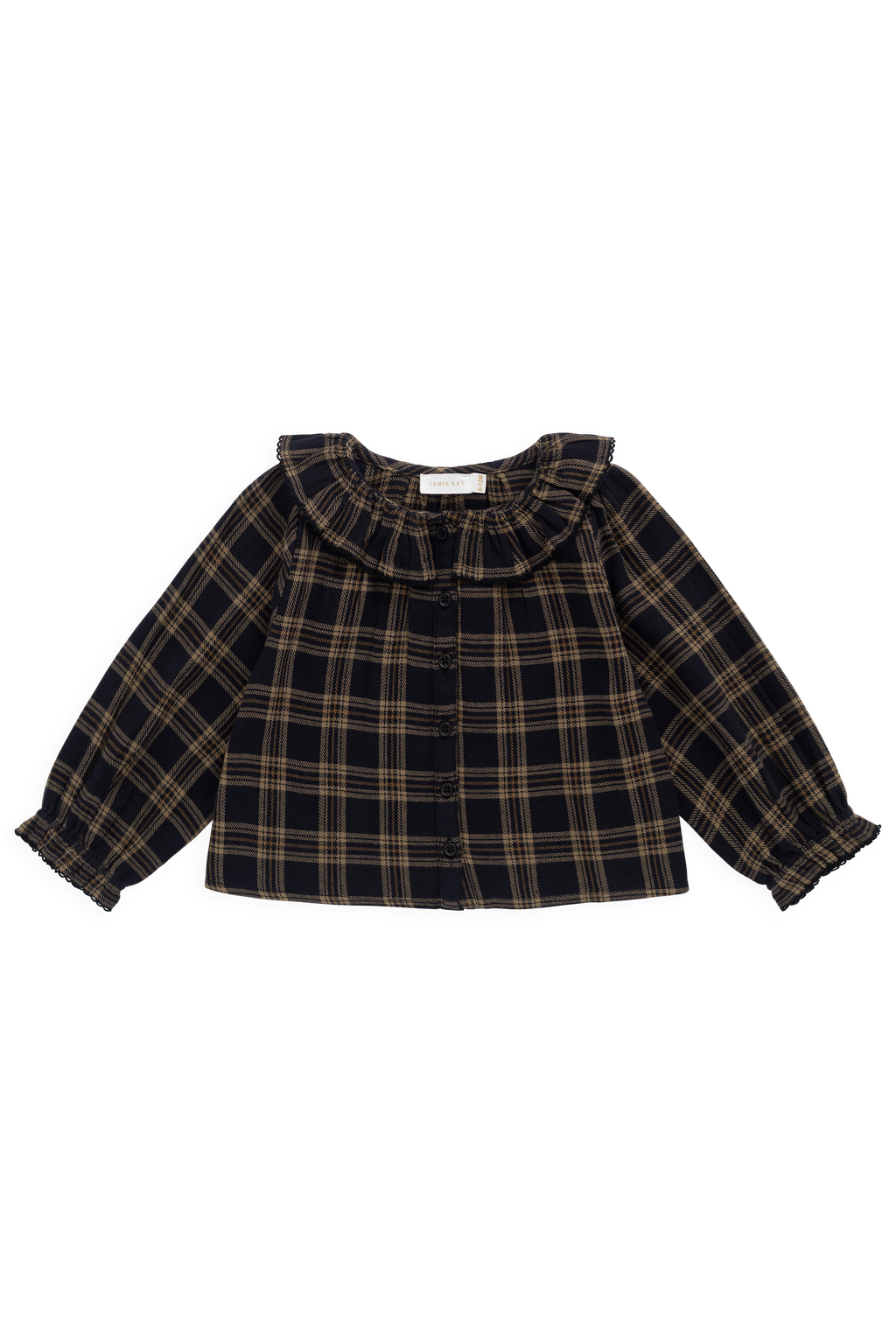 Haut à col montant volanté en coton biologique à carreaux classiques marron Woodland avec manches longues pour filles