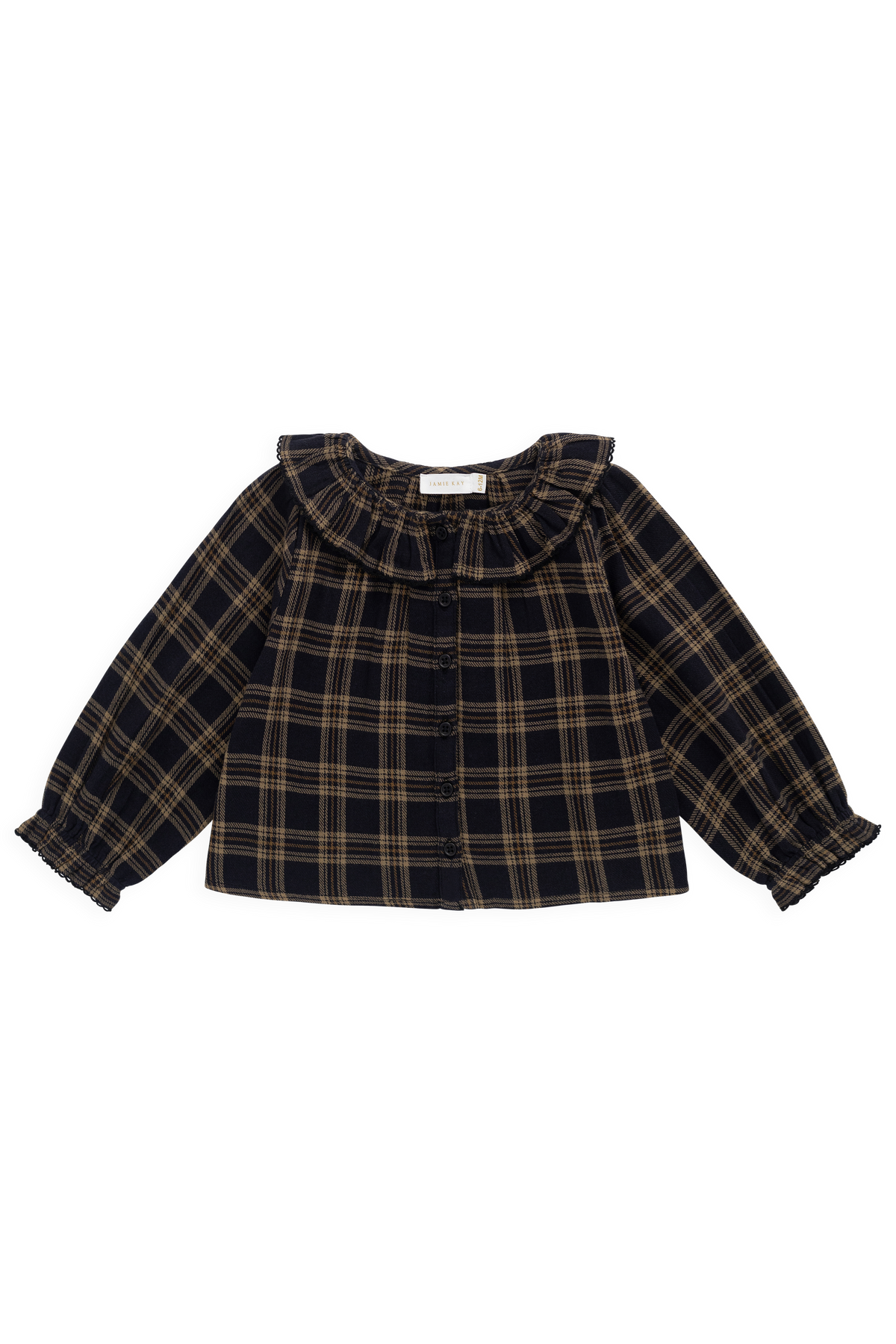 Haut à col montant volanté en coton biologique à carreaux classiques marron Woodland avec manches longues pour filles