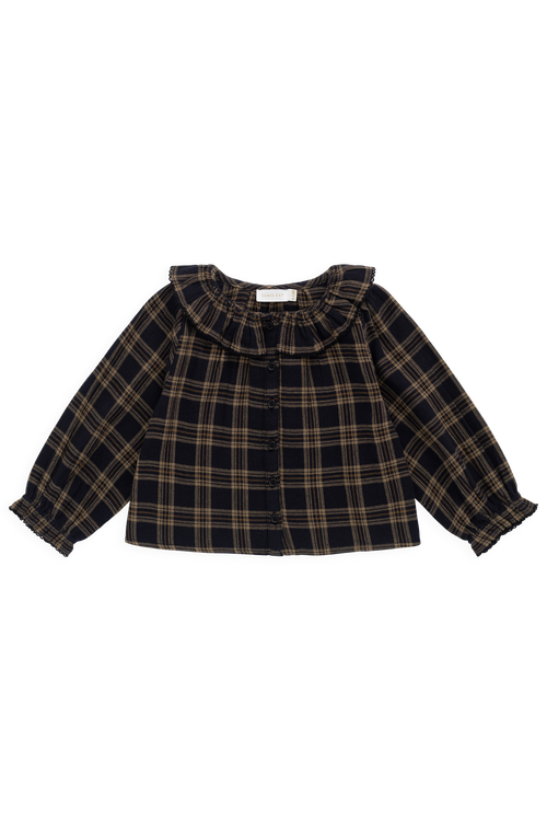 Haut à col montant volanté en coton biologique à carreaux classiques marron Woodland avec manches longues pour filles