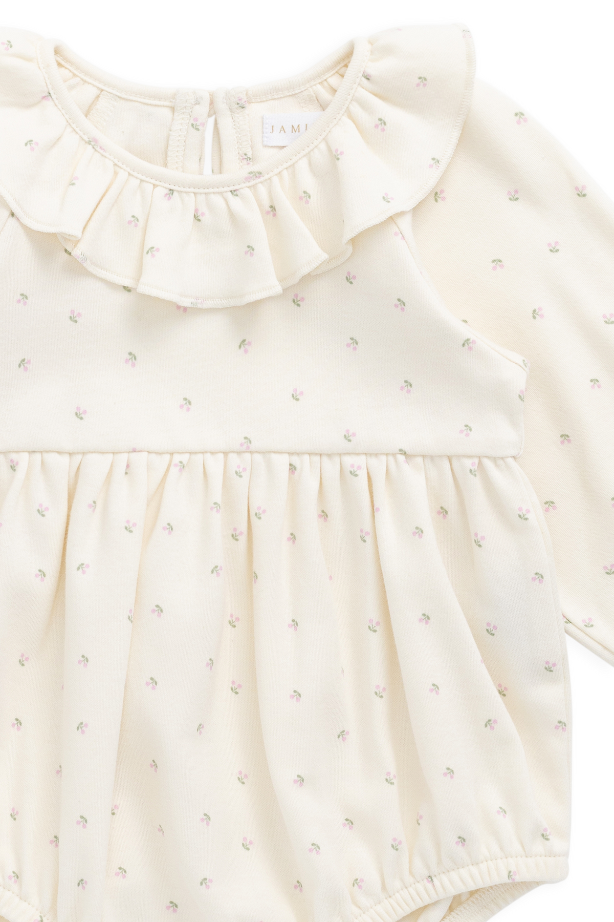 Barboteuse en coton biologique à motif de cerises romantiques avec col volanté pour bébés et tout-petits