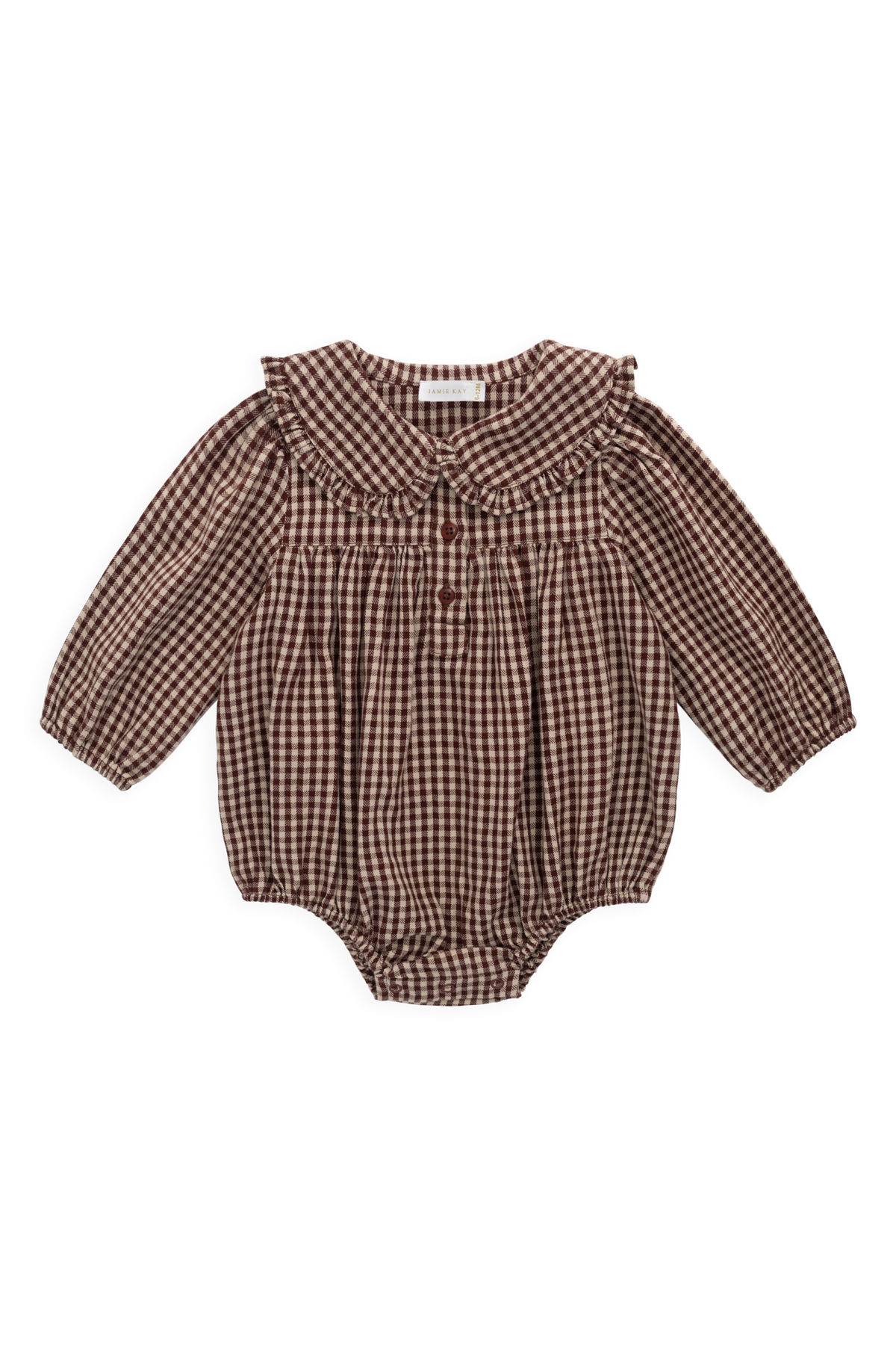 Barboteuse vintage en vichy cannelle en coton biologique avec col délicat pour bébés et tout-petits