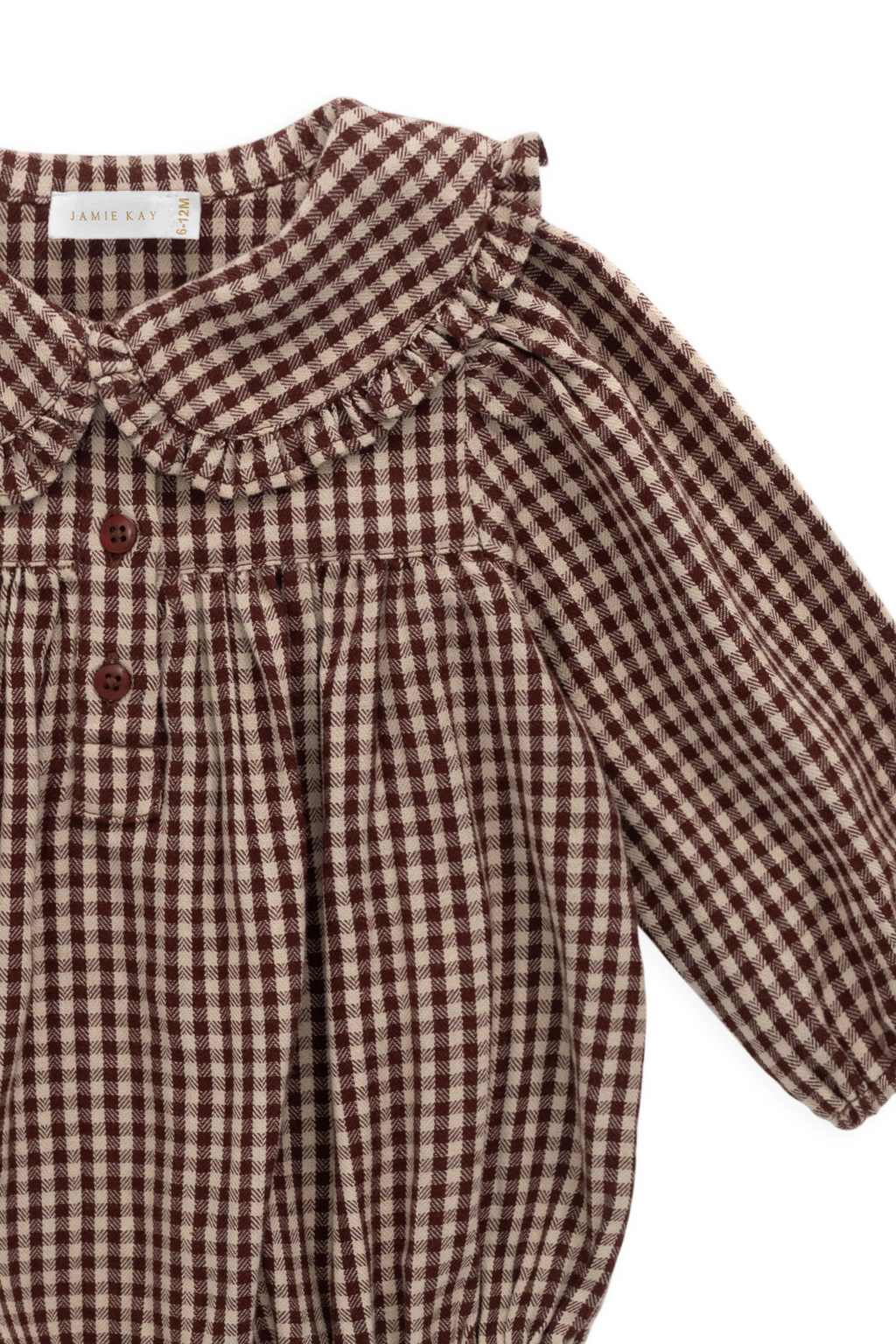 Barboteuse vintage en vichy cannelle en coton biologique avec col délicat pour bébés et tout-petits