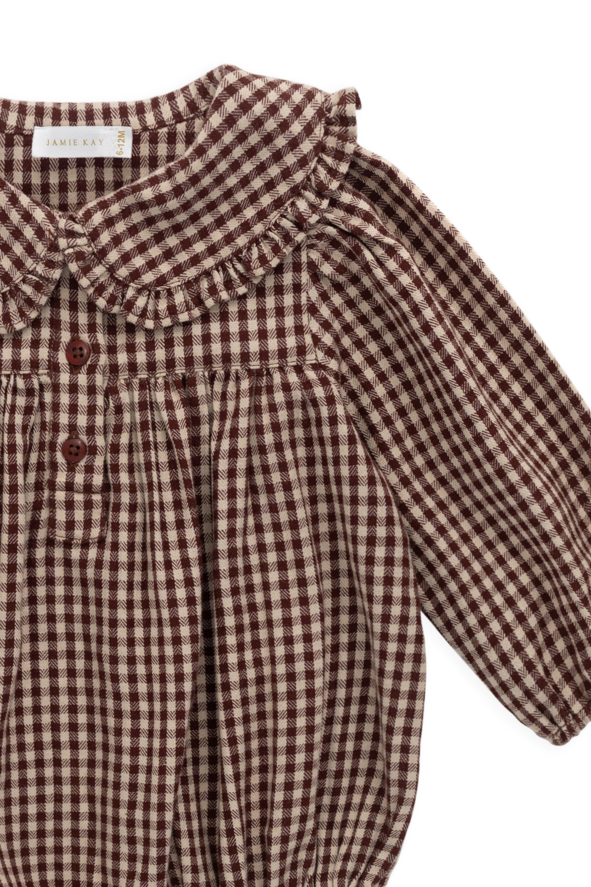 Barboteuse vintage en vichy cannelle en coton biologique avec col délicat pour bébés et tout-petits