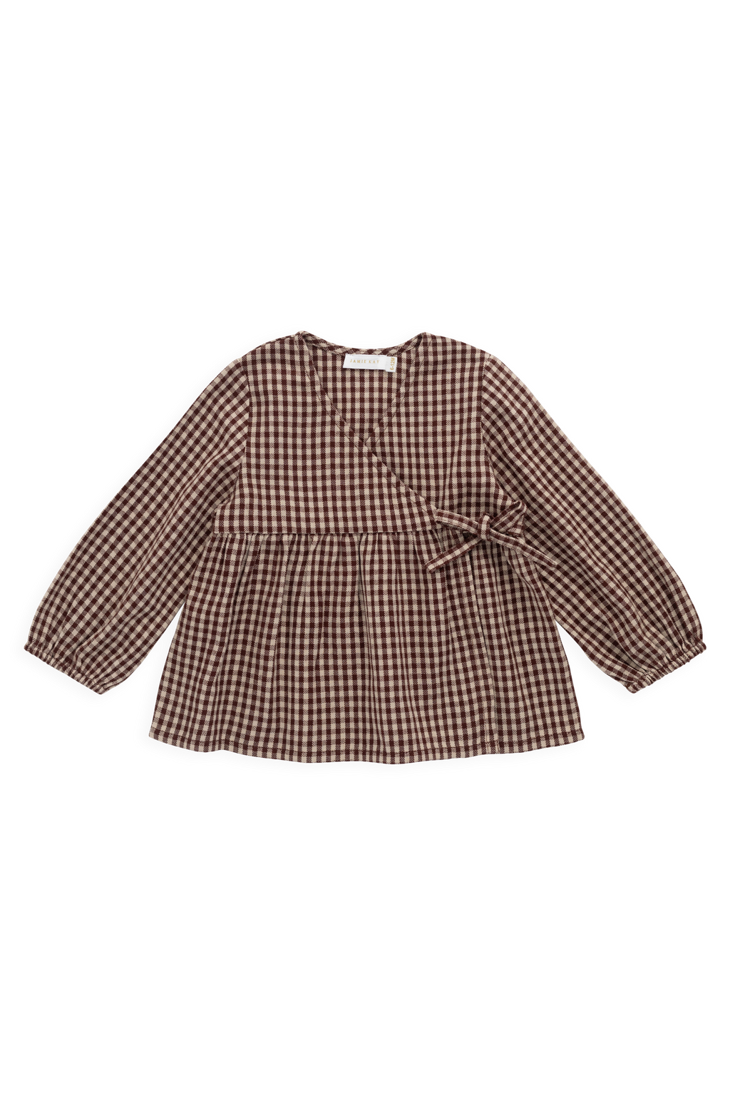 Blouse en coton biologique vichy cannelle vintage avec devant cache-cœur et taille froncée pour fille