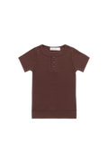 T-shirt Henley côtelé en coton modal biologique cannelle classique brûlé avec patte de boutonnage pour enfants
