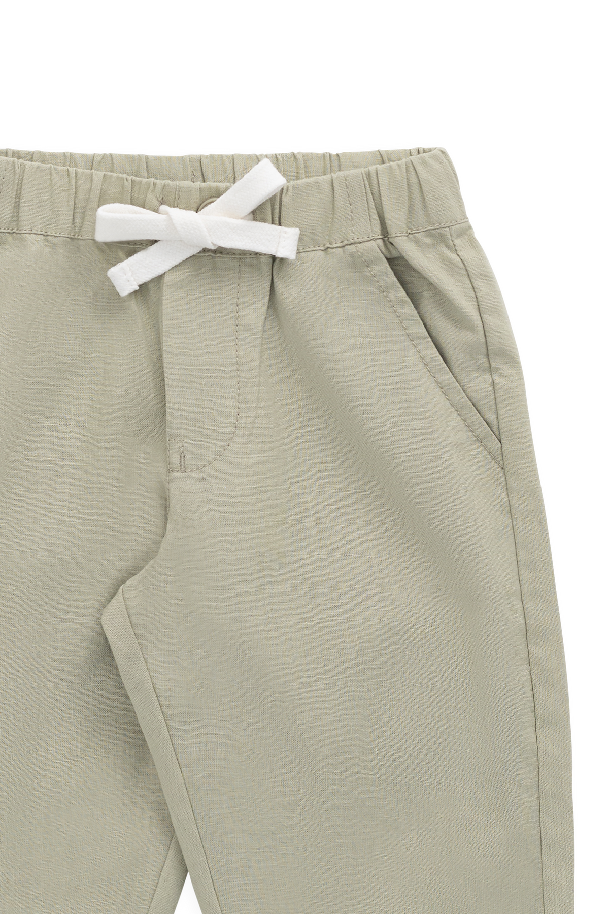 Pantalon décontracté en lin et coton vert lichen avec cordon de serrage à la taille pour un usage quotidien