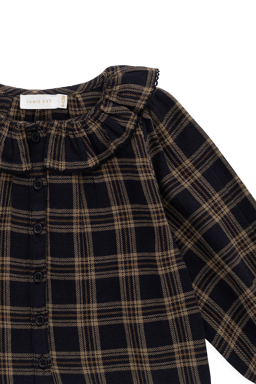 Haut à col montant volanté en coton biologique à carreaux classiques marron Woodland avec manches longues pour filles