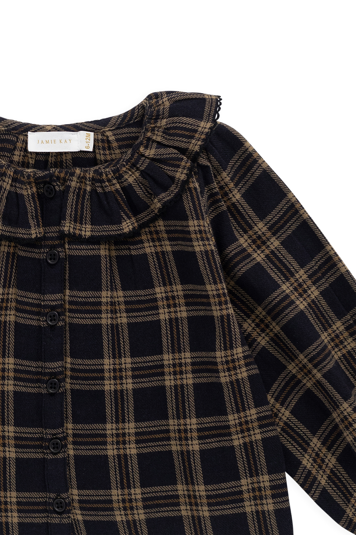 Haut à col montant volanté en coton biologique à carreaux classiques marron Woodland avec manches longues pour filles