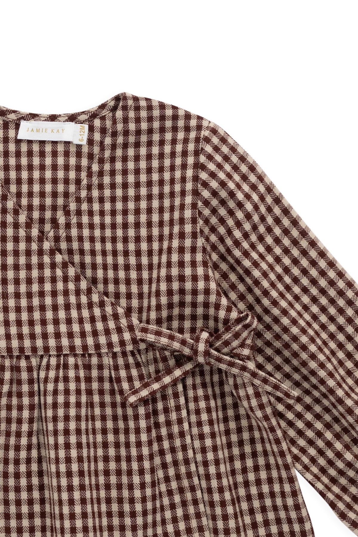 Blouse en coton biologique vichy cannelle vintage avec devant cache-cœur et taille froncée pour fille