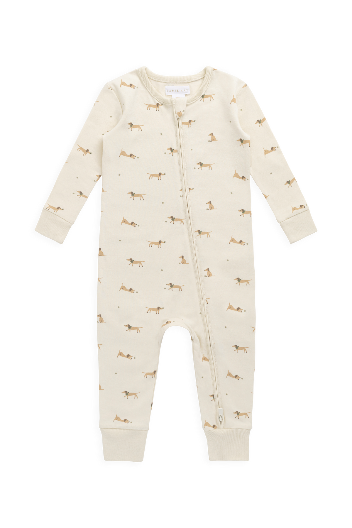 Grenouillère en coton biologique à motif ludique pour bébés, avec fermeture éclair sur le devant et poignets côtelés